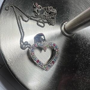 Silver Heart Pendant Necklace with Multicolor Gems